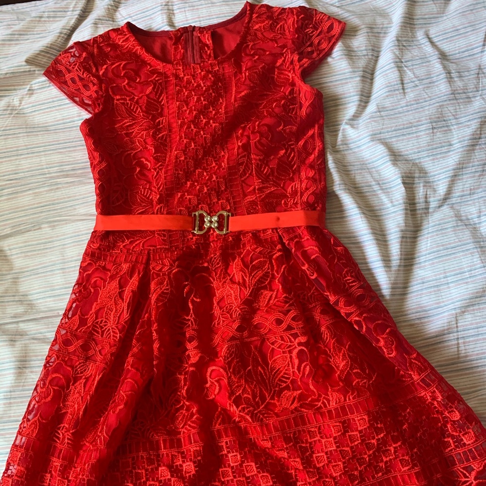 Red lace dress with belt